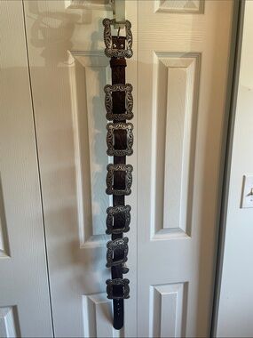 Western Nocona Concho Leather Belt with Removable Ornate Silver Buckles - Brown